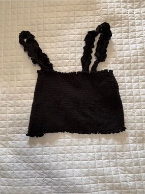 True Craft XL Smocked Black Ruffle Strap Crop Top